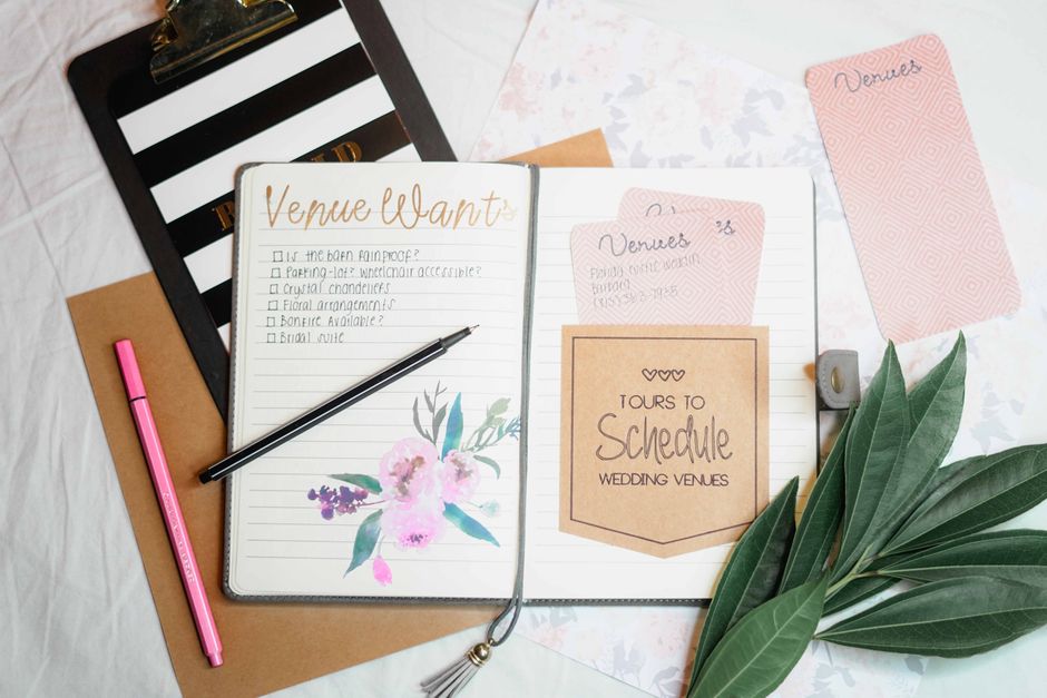 Professional wedding planner organizing details with a clipboard